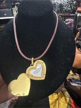 Coach Gold Tone Heart Locket Necklace on Brown Cord